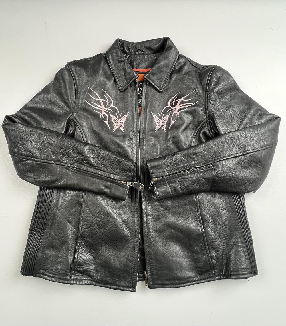 Longrider Leather Jacket Womens Large Black Butterfly Motorcycle Zip Out Liner